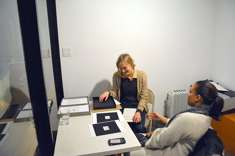 Jonna Kina (Finland) having a studio visit with New York based curator Kalia Brooks.