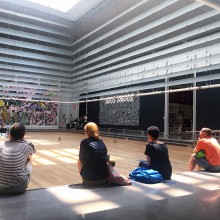 RU residents sitting together watching the Performance at Queens Museum on July 22, 2016. (from left to right: Antoine Turillon, Ingrid Eggen, Natacha Clitandre, Boshko Boskovic, Miri Chais)