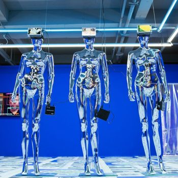 Ziyang Wu, A Woman with the Technology, 2019 (detail), Archive, data analysis, three-channel video, AI Chatbot, Animated video based on AI-generated script, VR headset, chrome silver mannequin, various-size LED screens. Courtesy the artist.