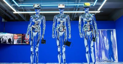 Ziyang Wu, A Woman with the Technology, 2019 (detail), Archive, data analysis, three-channel video, AI Chatbot, Animated video based on AI-generated script, VR headset, chrome silver mannequin, various-size LED screens. Courtesy the artist.