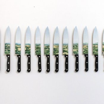 Chai, 2017, oil on knives, 18 knives 12 inch x 60 inch