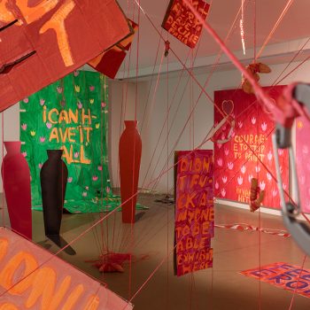 Èv van Hettmer, "All blessed", 2021, canvas, carton, glass, modeling mass, various scales, painting installation. Photo: Leontína Berková, Oskár Čepan Award 2021.