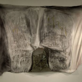 Hecha De Plomo, 2019. Oil, wax, chalk on linen, satin, silk, and velvet, coconuts, lead, glass beads and plaster. Courtesy the artist.