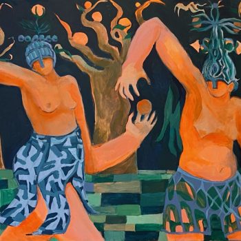 Julia Woronowicz, "Tangerines picking", 2021, acrylic and oil on canvas.