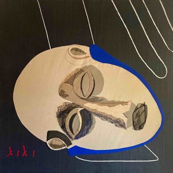 KIKI, 2022, various fabrics & embroideries, 55 x 56 inches