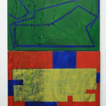 untitled (blue lines on green above yellow field within red and blue), oil on canvas, 120 x 90 cm, 2017