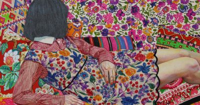 Naomi Okubo, Camouflage #3, 2017, acrylic on cotton cloth, 16×12 in.