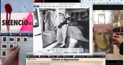 screen-shot of the researcher's desktop, including (in clockwise, starting from the center): Pepe Espaliú's "Carrying", 1992 (San Sebastian, Basque Country). Original photo: Ricardo Iriarte; spontaneous intervention by Aimar Arriola & Camilo Godoy (Queerocracy) holding ACT UP's "Criminales de SIDA" poster during a mass at St. Patrick Cathedral, March 21 2014 (poster printed from NYPL's Digital Gallery); newspaper clipping covering Chilean artist Guillermo Moscoso's action "Geno-Sida", 2009; research image, Visual AIDS, March 2014; detail of ACT UP's poster “Silencio = Muerte” poster [Verso: 30 gays arrested each night in Buenos Aires. Shame!] NYPL Digital Gallery. Image recently shown in the “Presente!” panel-series organized by Julian De Mayo, NYPL.