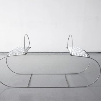 Andrea Davila Rubio, "Sitting piece for 2" (2021), polyester resin, fiberglass, plywood and stainless steel. 1 x 0.6 x 0.3 m.