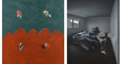 (left) Ana Prata, Above and Below, 2016, oil on canvas, 60 x 48 in. (right) Guillaume Bresson, untitled, 2016, oil and acrylic on canvas, 77 x 50 in.