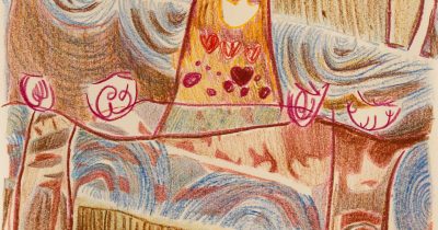 Atalya Laufer, "Unicorn cake and Pesto pasta”, 29, 7 x 42 cm, colour pencil on paper.