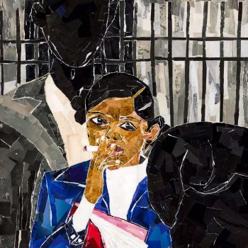 Nia Imani Winslow, "We Real Cool", 2024, Mixed media paper collage on birch wood panel - made with several pieces of vintage paper from magazines circa 1940 - 1960