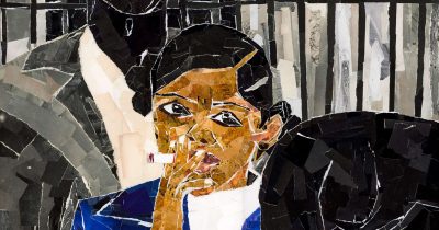 Nia Imani Winslow, "We Real Cool", 2024, Mixed media paper collage on birch wood panel - made with several pieces of vintage paper from magazines circa 1940 - 1960