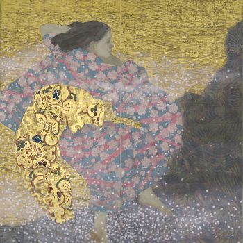 “Yoruhiru Sakura-zu” (left screen), 2021, color on paper, Sato Sakura Museum