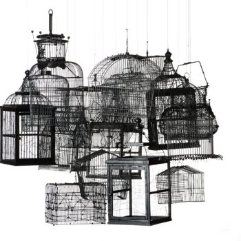 Traps for Clouds, 2011, 18 cages hanging to the ceiling, black enamel, dimension variable.
