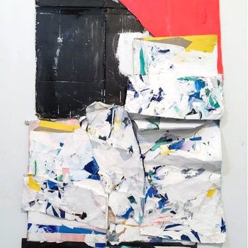 Kristy Hughes: Armor, cardboard, paper, collage, acrylic, wood, 78"x48"