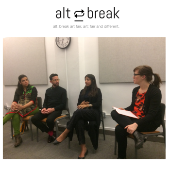 Artists (L--R) Dhanashree Gadiyar, Lionel Cruet, Hiba Schahbaz and Upwardly Global's Sarah Olson in conversation as part of Arts & Activism for Immigrant Communities, alt_break art fair 2017: United