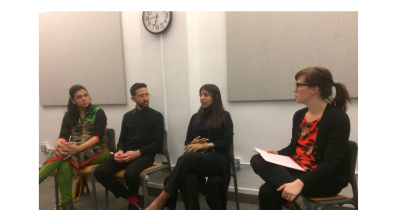 Artists (L--R) Dhanashree Gadiyar, Lionel Cruet, Hiba Schahbaz and Upwardly Global's Sarah Olson in conversation as part of Arts & Activism for Immigrant Communities, alt_break art fair 2017: United