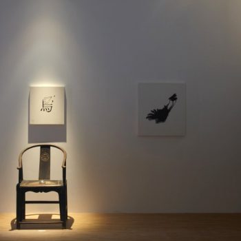 Voice of the Black Bird 2009, Ink on Rice Paper, Chair, Crystal Paper Weight, 45x45cm, 55x65cm